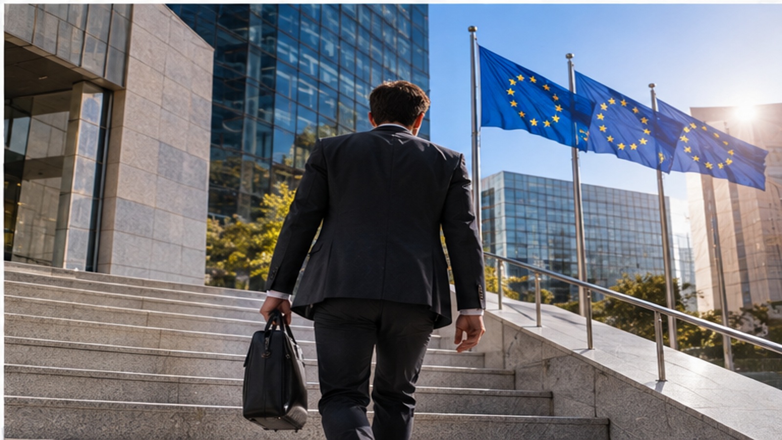 Professional approaching a modern European office complex.