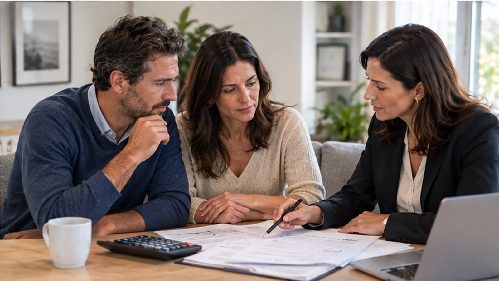 Married couple reviewing household and business debt exposure with a legal adviser in Portugal.
