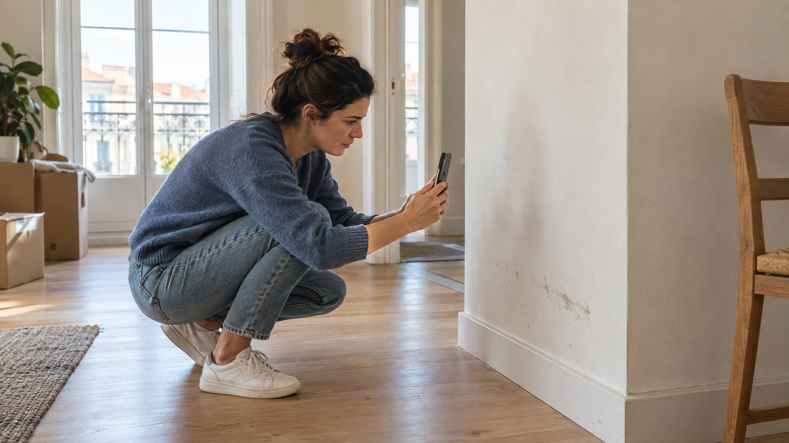 A woman photographing scuff marks near a skirting board during an apartment condition check.