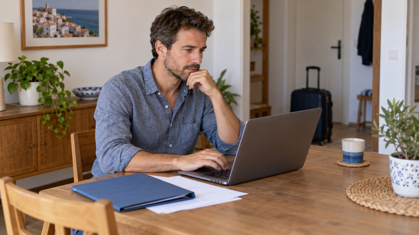 A man using a laptop beside a document folder at home, with a travel bag nearby.