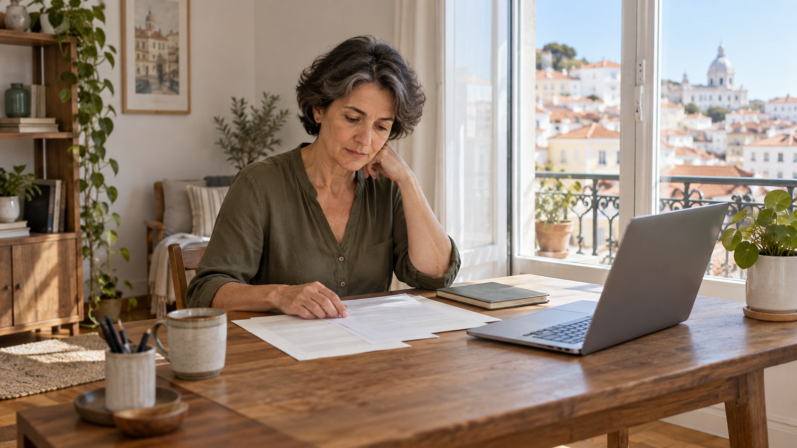 A woman reviewing papers beside a laptop at a wooden desk overlooking Lisbon rooftops.